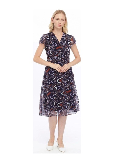 Apsen Kadın Lacivert Desen Kruvaze Yaka Midi Boy Şifon Elbise 4445-110 Lacivert