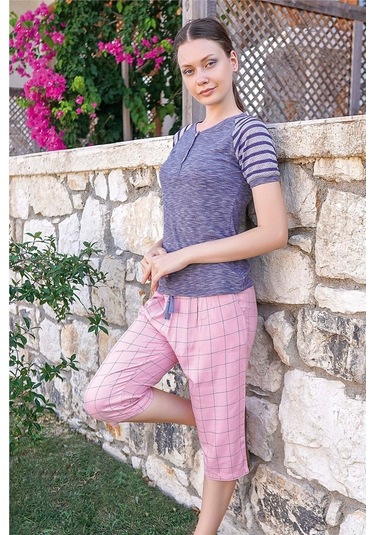 Kadın Mor Çizgili Kapri Takım 10040