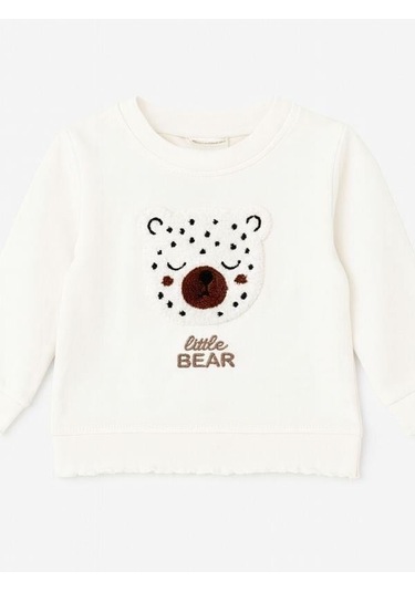 Zekids Kız Bebek Ayıcık Punch İşlemeli Sweatshirt-16305 Ekru