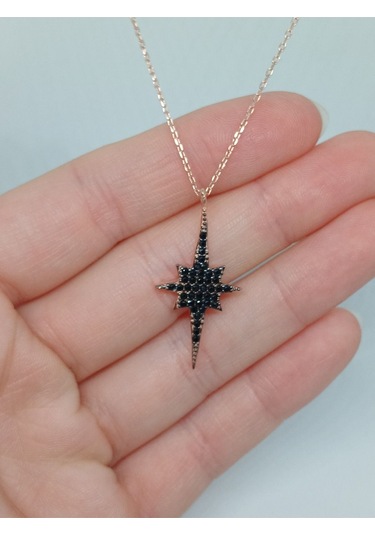 Siyah Taşlı Rose Gold Kaplama 925 Ayar Gümüş Kuzey Yıldızı Kolye Anlamlı Ve Şık Tasarım Gümüş