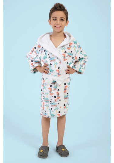 Dino Dijital Baskılı Çocuk Bornozu Yeşil