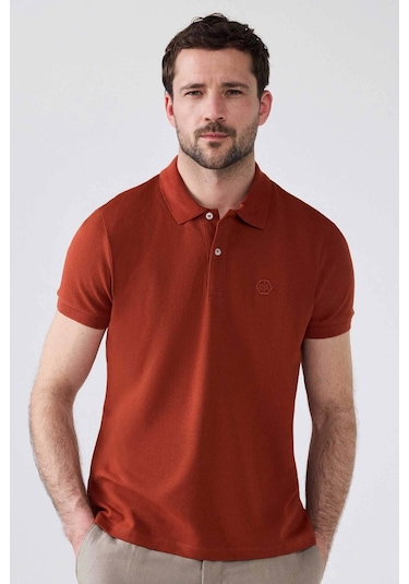 Ds Damat Regular Fit Kiremit Pike Dokulu %100 Pamuk Kıvrılmaz Polo Yaka Nakışlı T-shirt 4HC14ORT51000 Kiremit