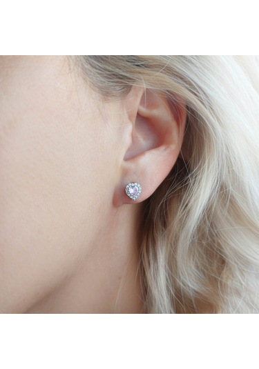 925 Ayar Gümüş Pembe Taşlı Kalp Küpe Gümüş