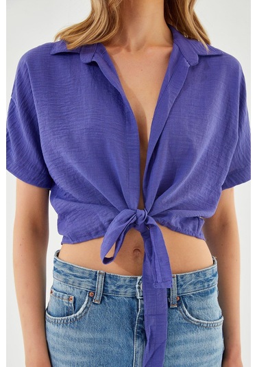4230 Kadın Bağlamalı Yazlık Keten Gömlek Lila Lila