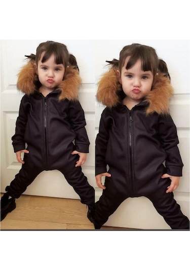 MODAVALS İTHAL KÜRKLÜ 3 İP ŞARDONLU UNISEX BEBEK VE ÇOCUK TULUM - KAHVE Gri