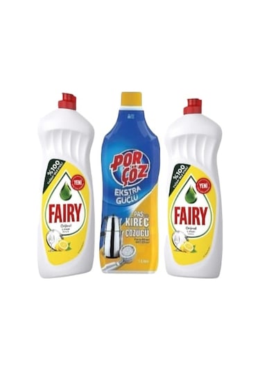 Fairy Sıvı Bulaşık Deterjanı 2 x 650 ML + Porçöz Pas ve Kireç Sökücü 1 L