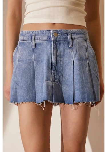 Never More Pileli Jean Mini Etek Mavi