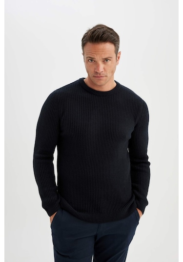 Defacto Standart Fit Normal Kesim Bisiklet Yaka Dokulu Triko Kazak C8814AX24WNNV64 Lacivert