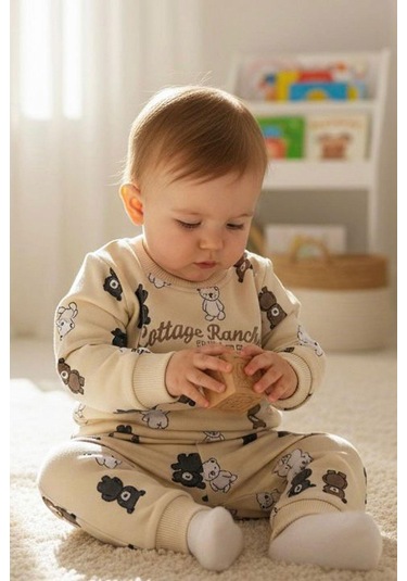 Breeze Erkek Çocuk Eşofman Takımı Sevimli Ayıcıklar Desenli 1-4 Yaş, Krem Krem