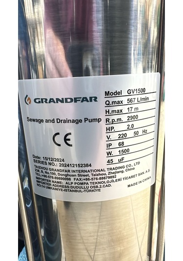 Grandfar Gv1500 Foseptik Dalgıç 2hp -17 Metre