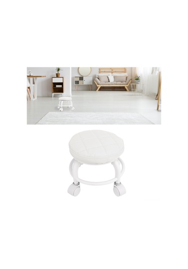 Xiyyadms Yüksek Dayanıklı Düşük Kayar Tabure - Pu Deri, Sessiz Tekerlekli, Çok Fonksiyonlu Temizlik, Manikür, Yoga - 25x5x23cm, Beyaz Beyaz