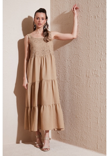 Lela Relaxed Fit Volanlı Uzun Bayan Elbise 611El010 Vizon