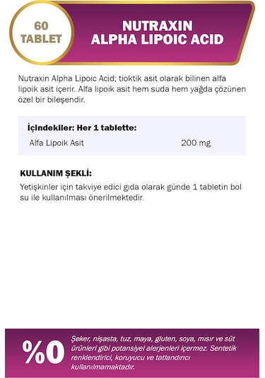 Nutraxin Alpha Lipoic Acid 200mg Takviye Edici Gıda 60 Tablet