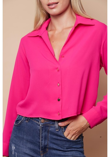 Kadın Likrasız Şık Kumaş Yakalı Uzun Kol Kısa Gömlek-Fujya Fujya