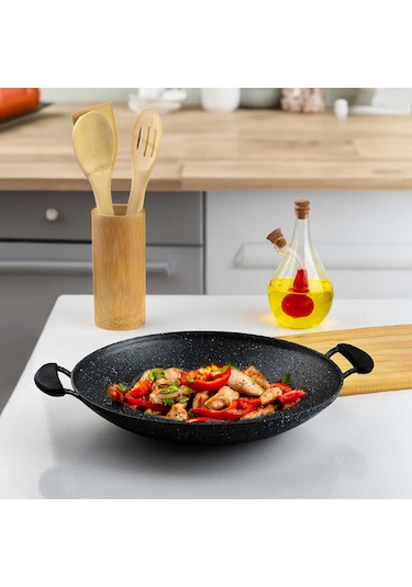 Oms 3228 Silikon Kulplu Granit Sac Kavurma Tavası Çift Taraflı