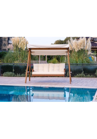 Pera 2000 Üç Kişilik Ahşap Bahçe Salıncağı Krem