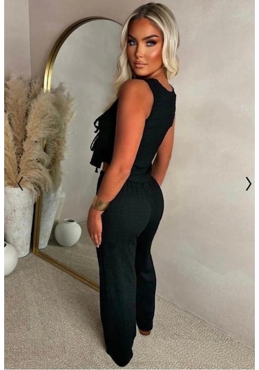 Defymoda Kadın Ital Piliseli Kumaş Önde Bağcık Detaylı Takım Siyah