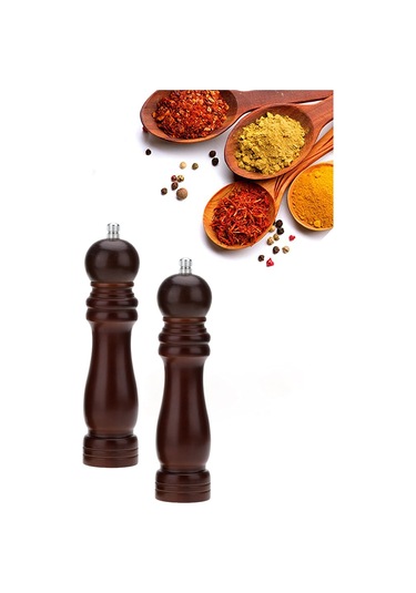 Technojet 2li Karabiber Tuz Kahve Baharat Öğütücü Ahşap Manuel El Değirmeni Tuzluk 2 Adet Kahverengi