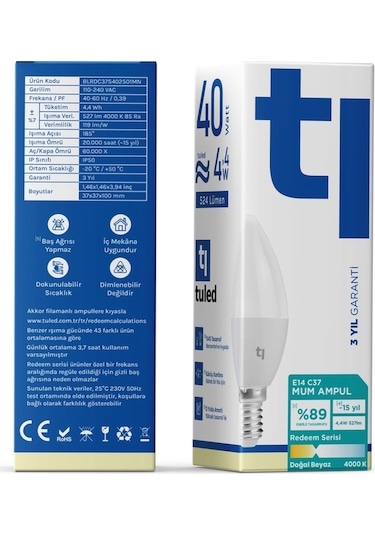 Redeem C37S E14 Mum Ampul, Titreşimsiz, Göz Konforu, 527 Lümen, Doğal Beyaz, 4000 Kelvin