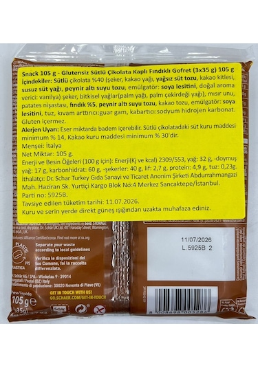 Schar Glutensiz Sütlü Çikolata Kaplı Fındıklı Gofret 105 G
