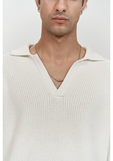 Magnus Polo Yaka Ekru Erkek Triko Kazak Ekru