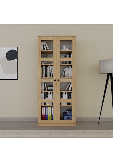 Lucas Cam Kapaklı Vitrin - Büfe - Kitaplık Ve Çok Amaçlı Dolap Ayarlanabilir Raf Ceviz - Meşe Safir Meşe