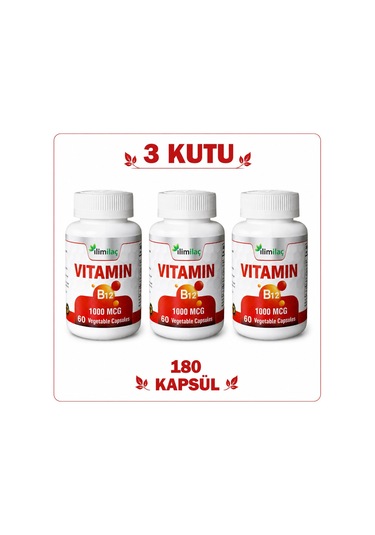 Vitamin B12 1000 Mcg 3 Kutu 180 Kapsül B12 Takviye Edici Gıda