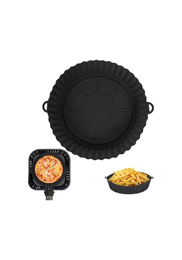 Siyah Fritöz Silikon Pot Fritözler Fırın Pişirme Tepsisi Pizza Kızarmış Tavuk Fritöz Aksesuarları Yuvarlak Tava Yeniden Kullanılabilir Mat Siyah