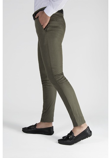 Erkek Haki Slim Fit Düz Model İtalyan Kesim Keten Pantolon Haki