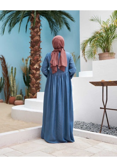 Neways 6591-Kolları Nervürlü Elbise Koyu Mavi