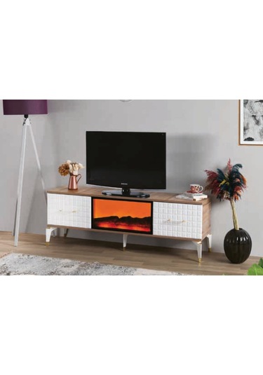Bera Atlantik Çam Membran Kareli Şömineli İnci Tv Sehpası Atlantik Çam