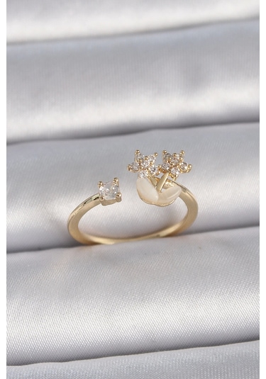 Pirinç Gold Renk Ayarlanabilir Zirkon Taşlı Yıldız Model Kadın Yüzük - Tj-byk3396 Çok Renkli