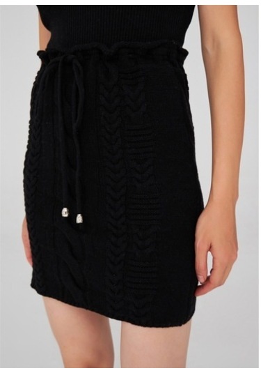 Peraluna Saç Örgü Desenli Kadın Triko Etek Siyah