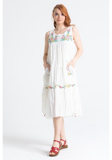 Kolsuz Vual Ahsen Nakışlı Midi Boy Elbise Krem Krm-krem