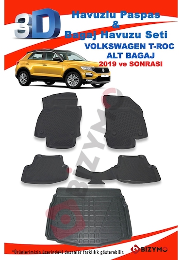 Volkswagen T-Roc 2019+ 3D Havuzlu Paspas + Alt Bagaj Havuzu Set