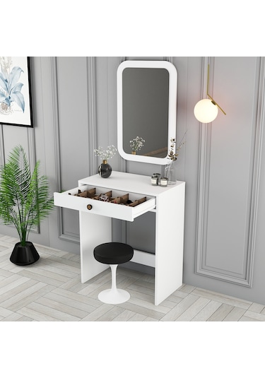 Lizbon Mini Makyaj Masası Aynalı - Beyaz / Beyaz