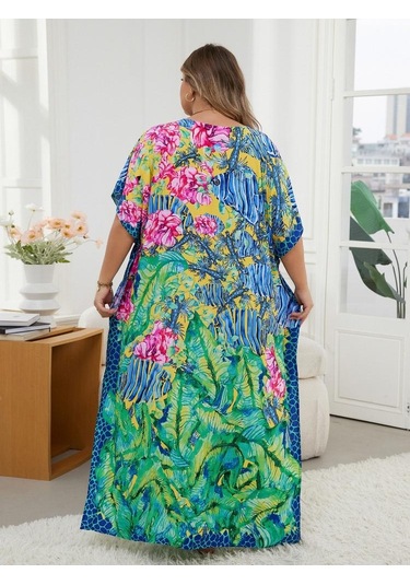 Edolynsa Şık Yeşil Baskılı Kadın Bohem Sabahlık Kaftan Ev Elbisesi Gevşek Tatil Partisi Uzun Elbise Mayo Üst Kıyafet Q1594 Çok Renkli