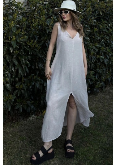 Kadın Bej Askılı İthal Müslin Kumaş, Önü Ve Arkası V Yaka, Önden Yırtmaçlı, Maksi/uzun Salaş Elbise Taş