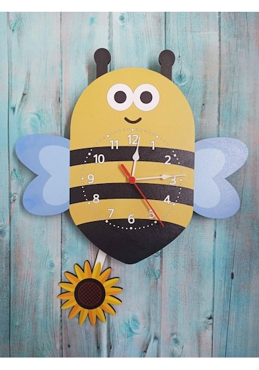 Cajuart Sallanan Sarkaçlı Ahşap Arı Çiçek Çocuk Odası Duvar Saati Ahşap - Renkli