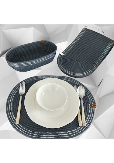 Lacivert 6 Kişilik 8 Parça Amerikan Servis, Hasır Supla Takımı, T Lacivert