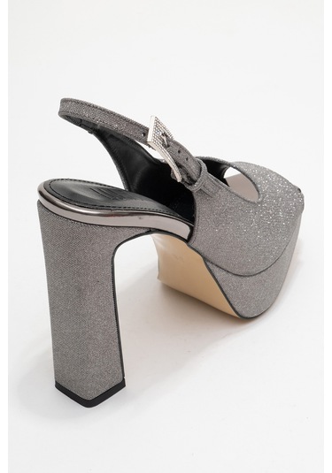 Glora Platin Simli Kadın Platform Topuklu Abiye Ayakkabı Platin