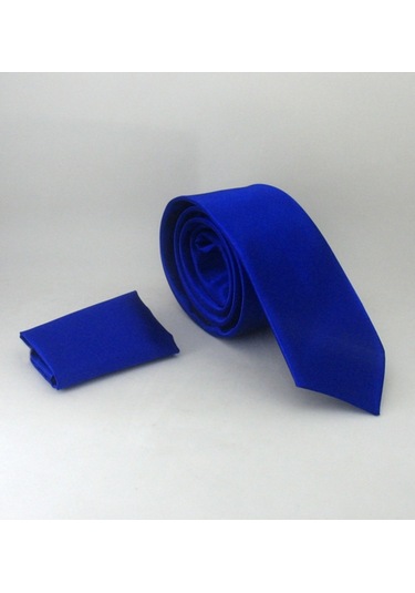 Saks Slim Fit Düz Renk Mendilli Saten Kravat - SS-26 Mavi
