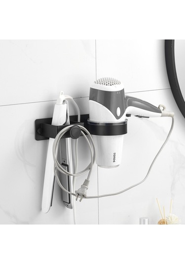 Mufunye Banyo Saç Bakımı Gereçleri Depolama Rafı - Fön Makinesi, Düzleştirici, Kıvırıcı Bar İçin Uzay Alüminyum Tutucu Siyah Yeni Model, Delikli/deliksiz Kurulum Diğer