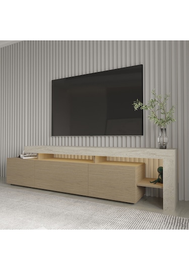 Beliz Modern Led Işıklı 3 Kapaklı, Raflı Tv Sehpası 192 Cm Traverten/sıcak Meşe