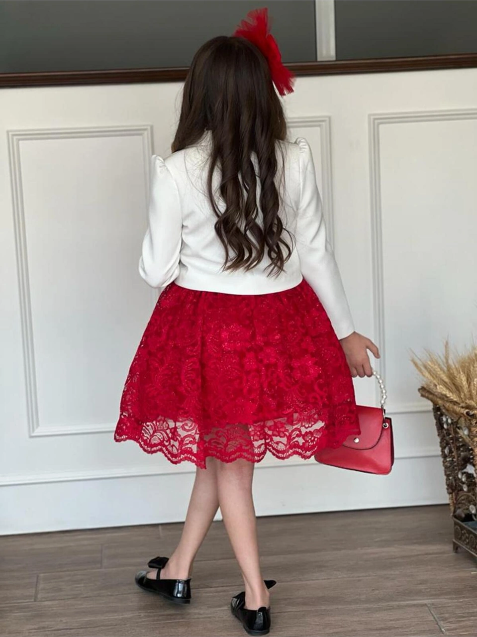 Uğur Böceği Çocuk Kız Çocuk 4'lü Şık Abiye Takım Elbise Ceket Çanta Toka Kırmızı