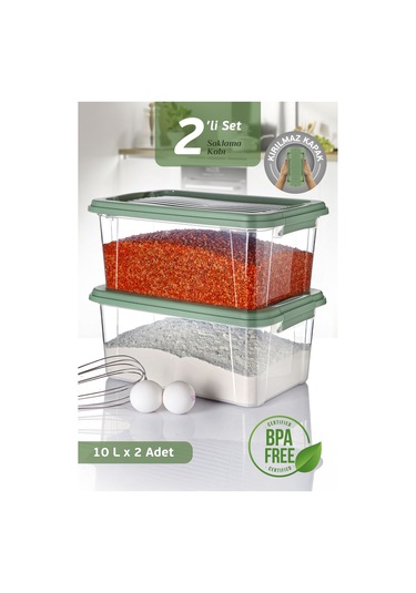 2'li Mega 10l Un Bakliyat Erzak Kabı - Kilitli Kapaklı Banyo Düzenleyici Deterjanlık Saklama Kutusu Yeşil