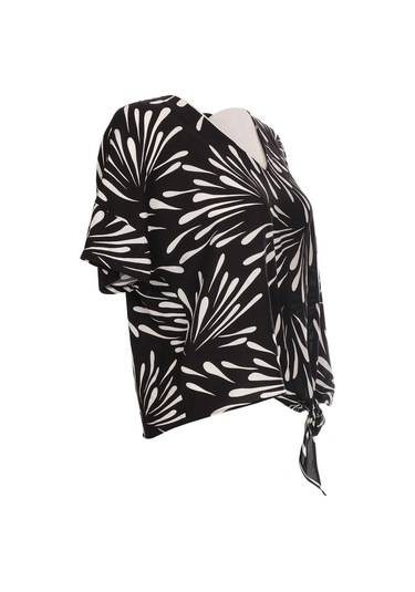 Ysatis Oversize V Yaka Kısa Kol Crop Bluz - Yazlık Siyah