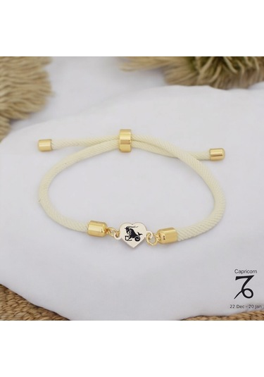 Archin Oğlak Burçlarına Özel Beyaz Örgülü Kalp Figürlü 14 Ayar Altın Plakalı Hediye Bileklik-478burç Oğlak
