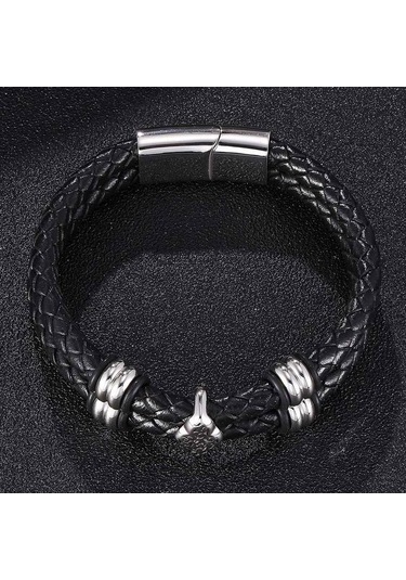 Erkek Bileklik Küçük Süs Eşyası Hakiki Deri Bileklik Çift Kat El Paslanmaz Çelik Tokalar Bileklik Hediye Siyah