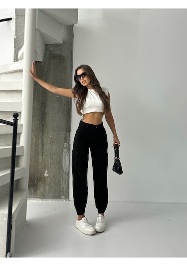 Kadın Paça Lastik Kargo Cep Keten Mom Pantolon Siyah